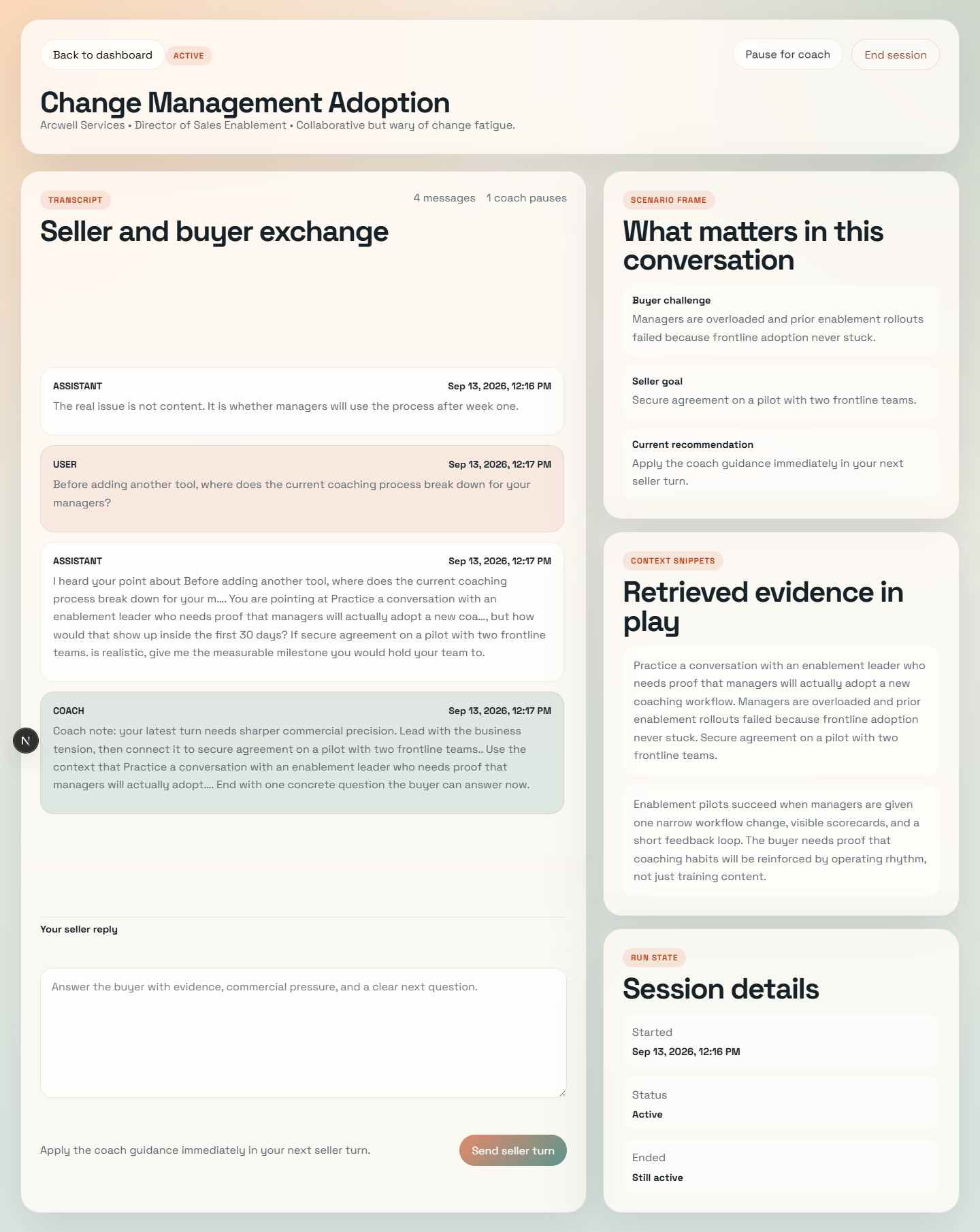 Smart Training roleplay showing a synthetic buyer conversation and on-demand coach guidance.